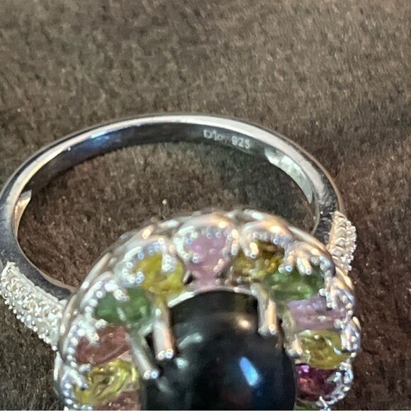 Black & Multi Color Tourmaline Natural Zircon Halo Platinum Sterling Silver Ring - Picture 9 of 13